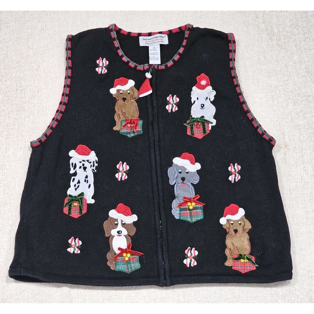 VTG Heirloom Collectable Medium Christmas Sweater Vest Dogs w/ Santa Hats